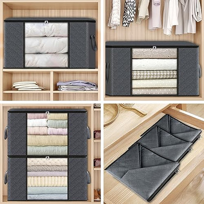 BlissTotes Storage Clothing Bags Storage Clothes Organizer with Reinforced Handle Sturdy Fabric Clear Window for Blankets, Bedding, Collapsible with Sturdy Zipper, 6 Pack, 60L, Grey