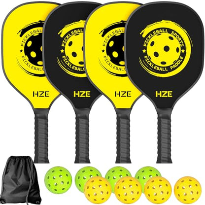 HZE Pickleball Paddles Set of 4, Pickleball Set with Ergonomic Cushion Grip, Wooden Pickleball Paddles Set with 8 Pickleball Balls & 1 Carry Bag for Women Men Beginners & Intermediate Players