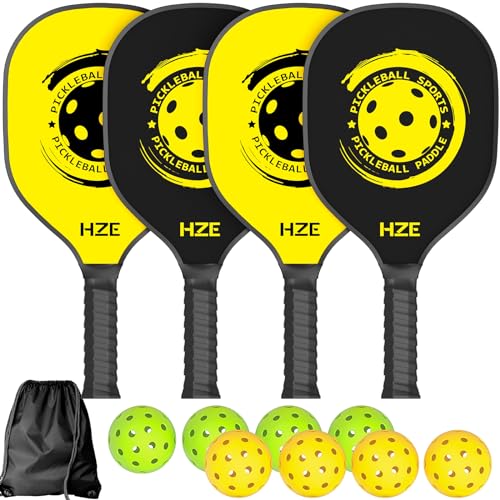 HZE Pickleball Paddles Set of 4, Pickleball Set with Ergonomic Cushion Grip, Wooden Pickleball Paddles Set with 8 Pickleball Balls & 1 Carry Bag for Women Men Beginners & Intermediate Players