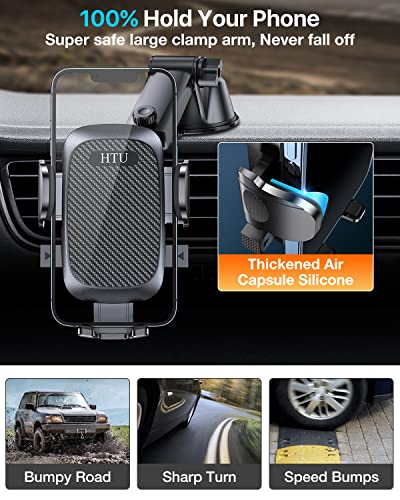HTU 𝟮𝟬𝟮𝟯 𝐔𝐩𝐠𝐫𝐚𝐝𝐞𝐝 Cell Phone Holder for Car【Powerful Suction Cup Never Fall】 Universal Car Phone Holder Mount for Dashboard Windshield Air Vent Long Arm Cell Phone Car Mount Thick Case