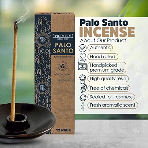 Ola Blue Palo Santo Incense Sticks (12 Pack) - Premium Authentic from Peru - Handmade & Hand-Rolled Natural Wood - Cleansing Bad Energy for Cleanse & Relieve Stress (Bursera Graveolens Wood)