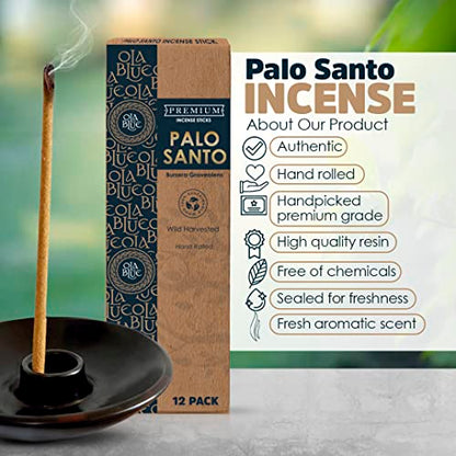 Ola Blue Palo Santo Incense Sticks (12 Pack) - Premium Authentic from Peru - Handmade & Hand-Rolled Natural Wood - Cleansing Bad Energy for Cleanse & Relieve Stress (Bursera Graveolens Wood)