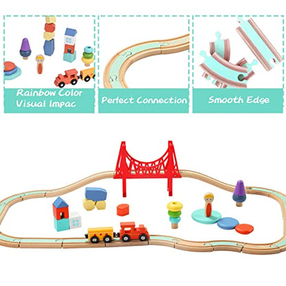 Giant bean Sky City Wooden Train Set for Boys Girls 1 2 3 4, 42 PCS Train Track Set, Railway with Stacking Rings & Rocks Train Accessories, Fits Brio, Melissa & Doug, Thomas and Friends