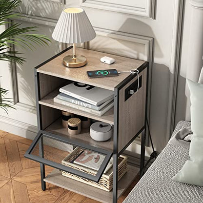 SOOWERY Nightstand with Charging Station, End Table with USB Ports and Outlets, Bedside Tables with Storage Space and Door, for Bedroom, Living Room, Greige