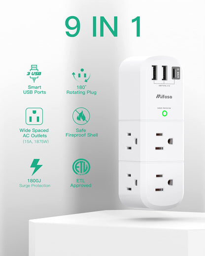 USB Outlet Extender Surge Protector - with Rotating Plug, 6 AC Multi Plug and 3 Ports (1 C), 1800 Joules, 3-Sided Swivel Power Strip Spaced Splitter for Home, Office, Travel