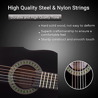 ADM Beginner Acoustic Classical Guitar 30 Inch Nylon Strings Wooden Guitar Bundle Kit for Kid Boy Girl Student Youth Guitarra Free Online Lessons with Gig Bag, Strap, Tuner, String, Pick, Black Color