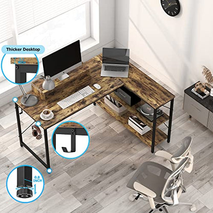 47 INCH L Shaped Computer Desk with Storage, Heavy Duty Home Office Desks with Monitor Stand, Corner Desk for Small Space Bedroom Study Writing Workstation PC Table, Easy to Assemble, Rustic Brown