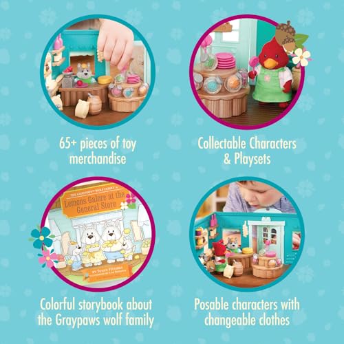 Lil Woodzeez - Toy Figures Playset – General Store Playhouse – Stackable – Mini Furniture & Play Food – Storybook & posable figures Included – 3 Years +