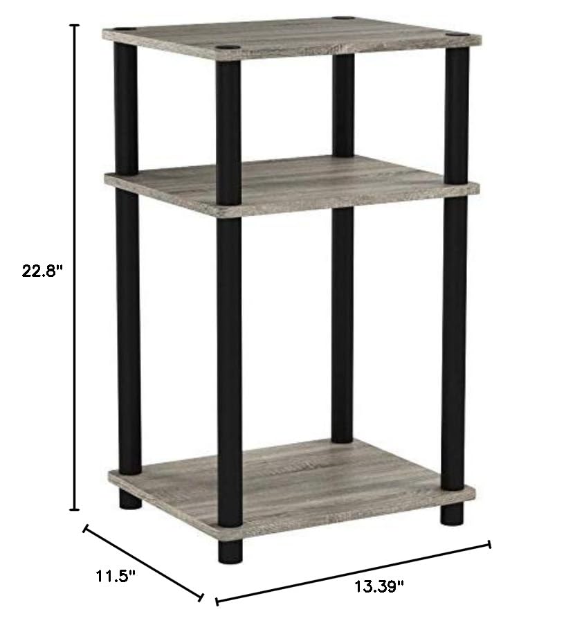 Furinno Just 3-Tier Turn-N-Tube End Table / Side Table / Night Stand / Bedside Table with Plastic Poles, 1-Pack, French Oak Grey/Black
