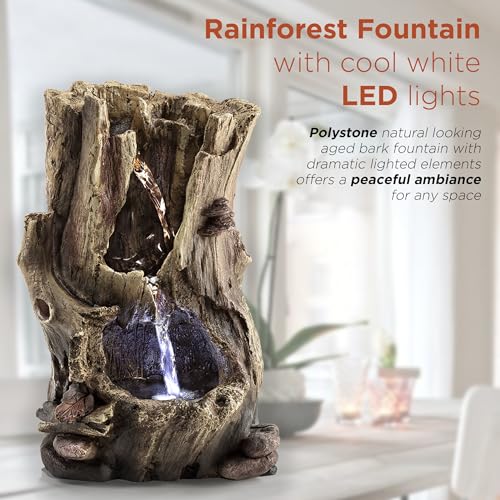 Alpine Corporation WIN326 Indoor Tabletop Light-Up Tiered Rainforest Tree Trunk Water Fountain with LED Lights, 11", Brown