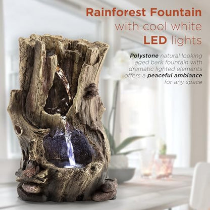 Alpine Corporation WIN326 Indoor Tabletop Light-Up Tiered Rainforest Tree Trunk Water Fountain with LED Lights, 11", Brown