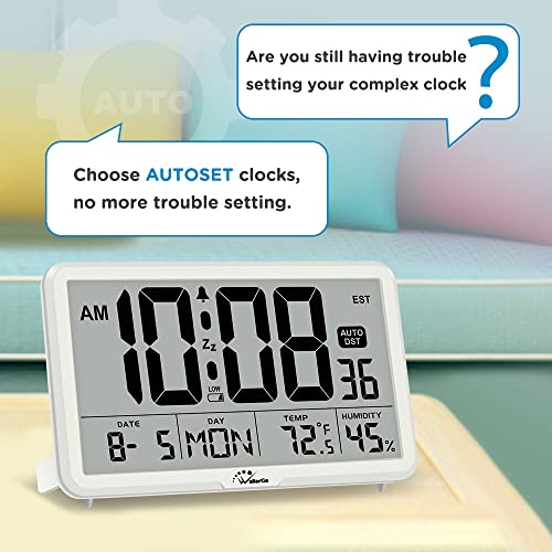 WallarGe Auto Set Digital Wall Clock Battery Operated,Desk Clocks with Temperature,Humidity and Date,Large Display Digital Calendar Alarm Clock for Elderly,Bedroom,Office,8 Time Zone, Auto DST.