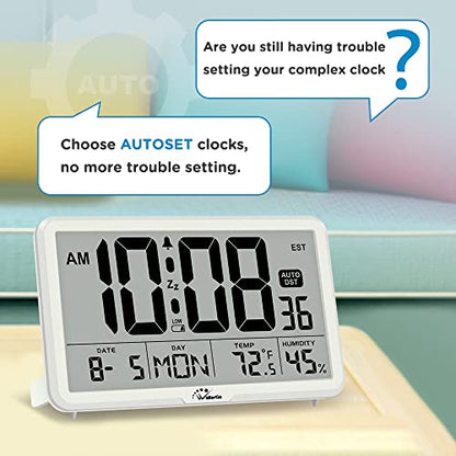 WallarGe Auto Set Digital Wall Clock Battery Operated,Desk Clocks with Temperature,Humidity and Date,Large Display Digital Calendar Alarm Clock for Elderly,Bedroom,Office,8 Time Zone, Auto DST.