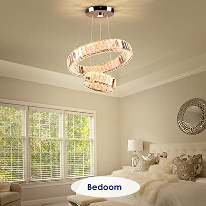 YPQXYHDA Modern LED Chandelier 2 Ring Chandelier Round LED Ceiling Light Crystal Chandelier for Dining Room Bedroom, Dia 7.9"+15.7"