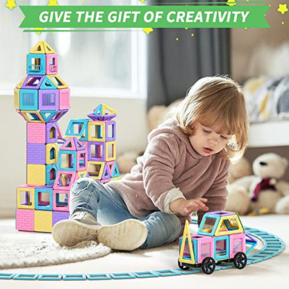 Rurvale 100Pcs Magnetic Blocks, Magnet Toys for 3 4 5 6 7 8 Year Old Boys Girls, Magnetic Tiles, Learning Educational STEM Toys for Toddlers 3-5, 4-8, Building Blocks for Kids Ages 3+ Birthday Gifts
