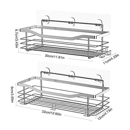 Orimade Shower Caddy Basket Shelf with 5 Hooks Adhesive Organizer Storage Rack Rustproof Wall Mounted Stainless Steel No Drilling for Bathroom, Toilet, Kitchen - 2 Pack