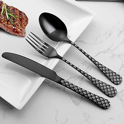 Black Silverware Set, YFBXG 20 Piece Black Sliverware Flatware Cutlery Set，Stainless Steel Black Utensil Set for 4,Knives and Forks and Spoons Sets With Patten Handle （Fan-shaped,Black）