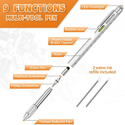 Stocking Stuffers for Adults-Gifts for Men, 9 in 1 Multitool Pen, Christmas Gift for Dad, Gifts for Him, Tool Gifts for Dad from Kids, Gifts for Husband, Boyfriend, Grandpa(Silver)