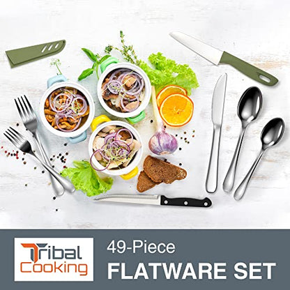 Tribal Cooking 48 Piece Silverware Set - Service for 8 - Stainless Steel Flatware serving set - Cutlery Set - Knives, Fork, and Spoon - Utensil sets - Dishwasher Safe - Stunning Polished Finish