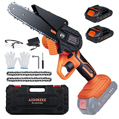 Mini Chainsaw 6-Inch with 2PC Rechargeable Battery, Cordless Electric Handheld Chainsaw Battery Powered with 2 Chains, AISHIKEKE 1.82LB Small Power Chain Saw for Tree Trimming Branch