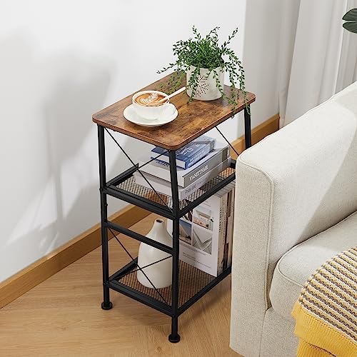 ruboka 3-Tier Small End Tables,Narrow Side Table with Steel Grid Storage Shelves,Slim Nightstand X-Design Sofa Side Table Small Bookshelf Bookcase,Display Rack for Living Room,Bedroom,Rustic Brown