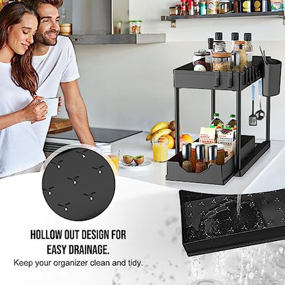 2 Pack Under Sink Organizer, 2 Tier Under Bathroom Cabinet Organizer 6 Hooks 1 Cup, Pull Out Cabinet Basket Organizer for Under the Kitchen Bathroom Sink Organizers and Storage