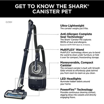 Shark CZ351 Pet Canister Vacuum, Bagless, Corded with Self-Cleaning Brushroll & PowerFins, Navy & Silver