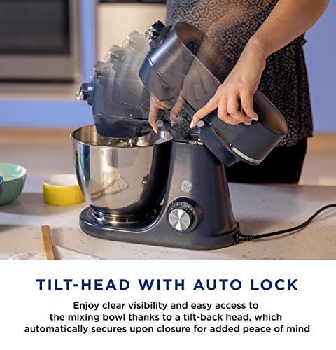 GE Tilt-Head Electric Stand Mixer | 7-Speed, 350-Watt Motor | Includes 5.3-Quart Bowl, Flat Beater, Dough Hook, Wire Whisk & Pouring Shield | Countertop Kitchen Essentials | Sapphire Blue