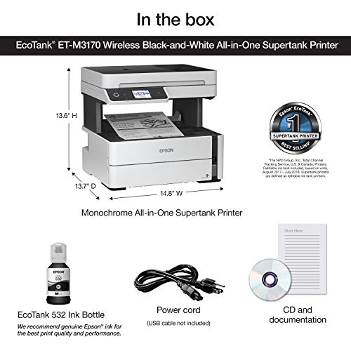Epson EcoTank ET-M3170 Wireless Monochrome All-in-One Supertank Printer with ADF, Fax and Ethernet PLUS 2 Years of Unlimited Ink*, White