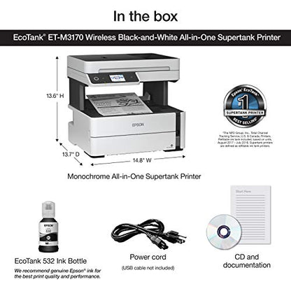 Epson EcoTank ET-M3170 Wireless Monochrome All-in-One Supertank Printer with ADF, Fax and Ethernet PLUS 2 Years of Unlimited Ink*, White