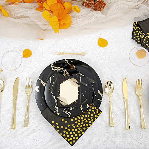 N9R 225pcs Black Gold Plastic Plates, Disposable Dinnerware Set Include 25 Dinner Plates, 25 Dessert Plates, 25 Gold Plastic Silverware, 25 Mini Forks, Gold Cups, Napkins and Table Cards for Party