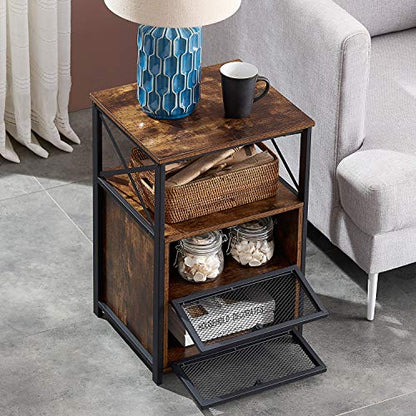 VECELO Nightstand Set of 2, End Table with Flip Drawer, Modern Night Stand for Bedroom, Living Room, Office, Easy Assembly, Retro Brown