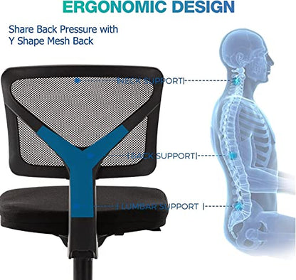 Ergonomic Home Office Desk Chair, Adjustable Armless Computer Chair with Lumbar Support, Small Mesh Task Chair with Backrest Swivel Rolling for Study, Office, Conference Room Black