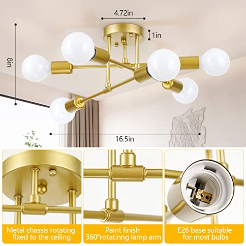 Soilsiu Modern Sputnik Chandelier Ceiling Light Fixture, 6-Light Gold Mid Century Semi Flush Mount Ceiling Lights for Bedroom, Dining Room, Living Room, Kitchen, Office (Gold, W:16.5",H:8")