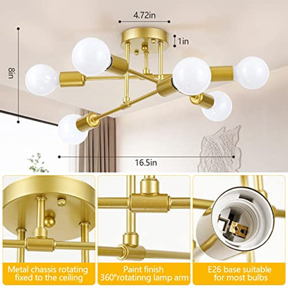 Soilsiu Modern Sputnik Chandelier Ceiling Light Fixture, 6-Light Gold Mid Century Semi Flush Mount Ceiling Lights for Bedroom, Dining Room, Living Room, Kitchen, Office (Gold, W:16.5",H:8")