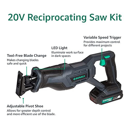 Amazon Brand - Denali by SKIL 20V Cordless Drill, Reciprocating & Circular Saw, Work Light With (2) 2.0Ah Lithium Batteries, 2.4A Charger & Carry Bag