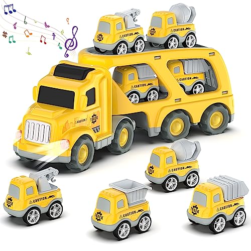 Toddler Car Toys for 3 4 5 Years Old Construction Transport Truck with 4 Pack Small Pull Back Construction Vehicles Friction Power Cars Christmas Birthday Gifts for Kids Boys Girls
