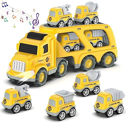 Toddler Car Toys for 3 4 5 Years Old Construction Transport Truck with 4 Pack Small Pull Back Construction Vehicles Friction Power Cars Christmas Birthday Gifts for Kids Boys Girls