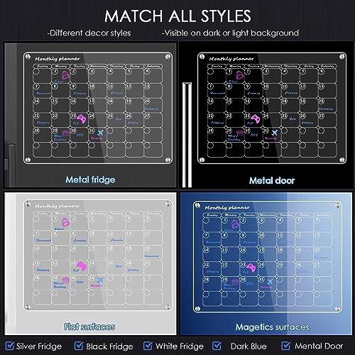 Acrylic Magnetic Calendar for Fridge Monthly & Weekly Dry Erase Board Magnetic Fridge Calendar, 2 Set Clear Reusable Planner Whiteboard Calendar 16"x12" with 6 Markers/Pen Holder/Eraser/Towel/Hook