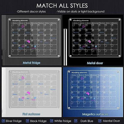 Acrylic Magnetic Calendar for Fridge Monthly & Weekly Dry Erase Board Magnetic Fridge Calendar, 2 Set Clear Reusable Planner Whiteboard Calendar 16"x12" with 6 Markers/Pen Holder/Eraser/Towel/Hook