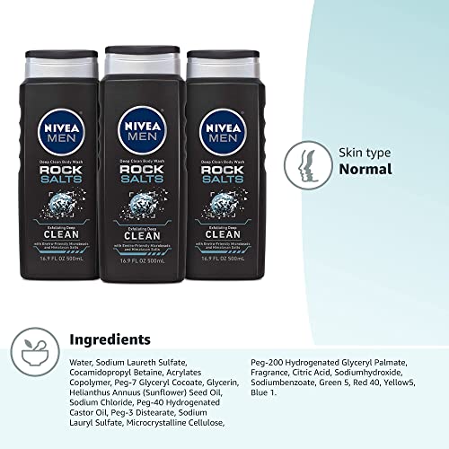 Nivea Men Deep Clean Rock Salts Body Wash, Exfoliating Rock Salt Body Wash, 3 Pack of 16.9 Fl Oz Bottles