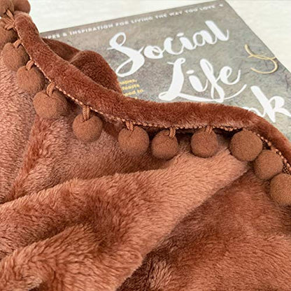 LOMAO Flannel Blanket with Pompom Fringe Lightweight Cozy Bed Blanket Soft Throw Blanket fit Couch Sofa Suitable for All Season (Brown, 51''x 63'')
