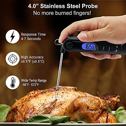 Famili Instant Read Meat Thermometer for Cooking and Grilling, Kitchen Gadgets, Ultra Fast Thermometer with Backlight, Magnet, Calibration, and Foldable Probe for Kitchen, Outdoor Grilling and BBQ