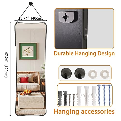 ADD 2 TO YOUR CART!!! Protylctaster Full Length Wall Mirror,48"x16"Hanging Full Length Mirror,Mirror Full Length,Wall-Mounted Mirror with Leather Strap Living Room (Black)