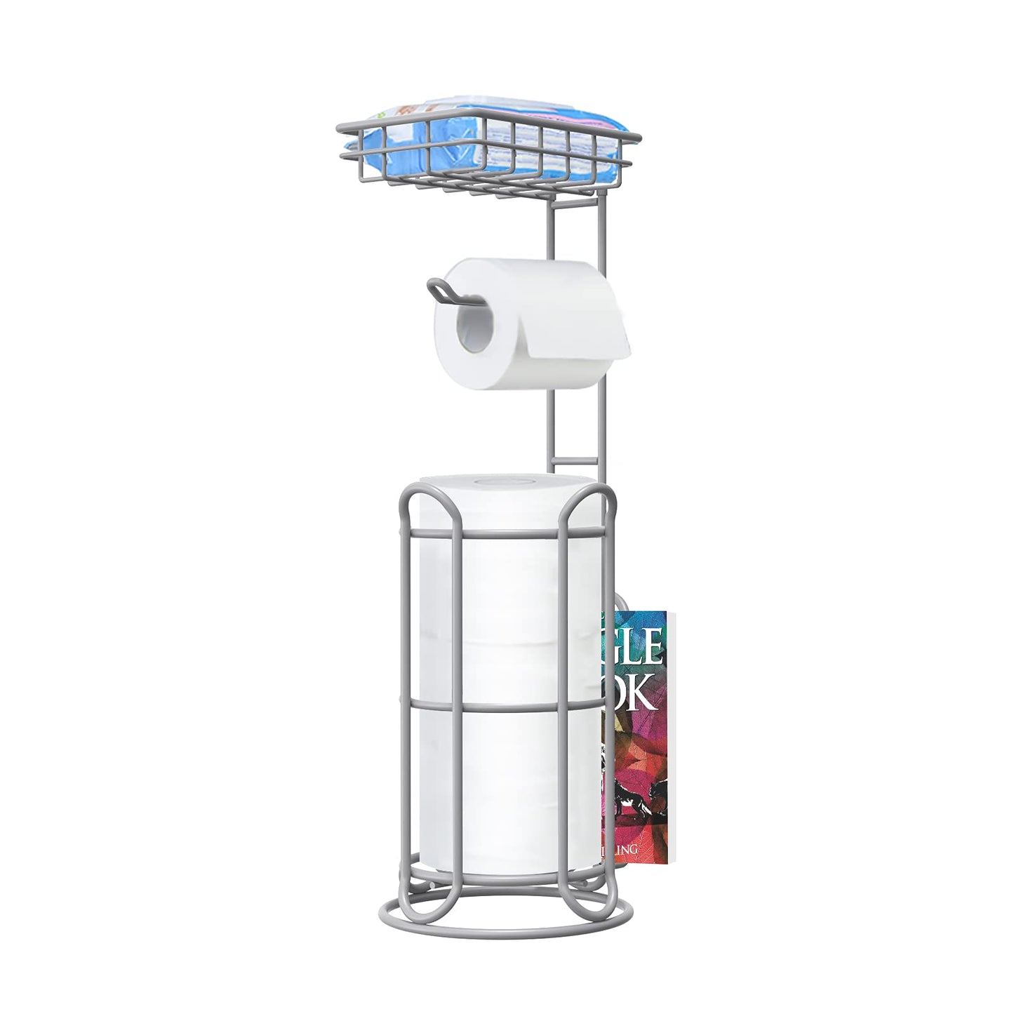 Silver Toilet Paper Holder Stand Bathroom Tissue Holder Free Standing Magazine Organizer Storage Larger Rolls Phone Wipes
