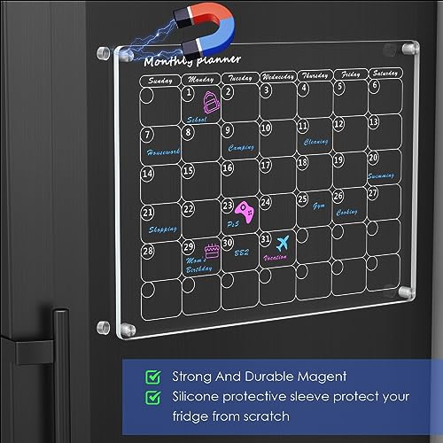 Acrylic Magnetic Calendar for Fridge Monthly & Weekly Dry Erase Board Magnetic Fridge Calendar, 2 Set Clear Reusable Planner Whiteboard Calendar 16"x12" with 6 Markers/Pen Holder/Eraser/Towel/Hook