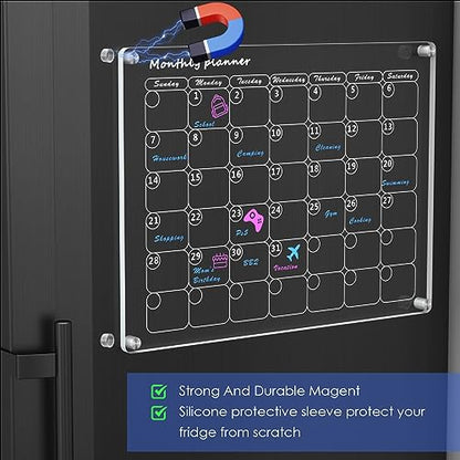 Acrylic Magnetic Calendar for Fridge Monthly & Weekly Dry Erase Board Magnetic Fridge Calendar, 2 Set Clear Reusable Planner Whiteboard Calendar 16"x12" with 6 Markers/Pen Holder/Eraser/Towel/Hook