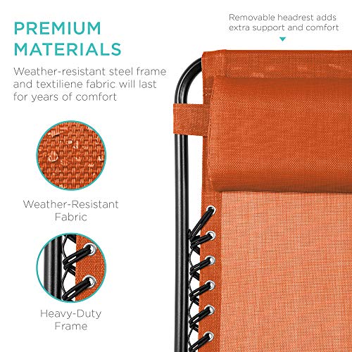 Best Choice Products Set of 2 Adjustable Steel Mesh Zero Gravity Lounge Chair Recliners w/Pillows and Cup Holder Trays - Burnt Orange
