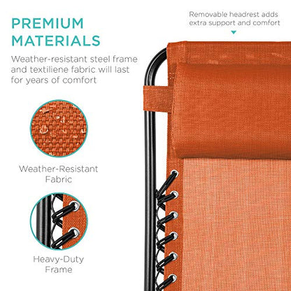 Best Choice Products Set of 2 Adjustable Steel Mesh Zero Gravity Lounge Chair Recliners w/Pillows and Cup Holder Trays - Burnt Orange
