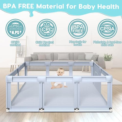 Fshibila 74" ×50" Large Baby Playpen, Baby Playard for Babies and Toddlers, Baby Fence Play Pens for Indoor & Outdoor, Sturdy Safety Play Yard with Soft Breathable Mesh, Anti-Fall, Grey